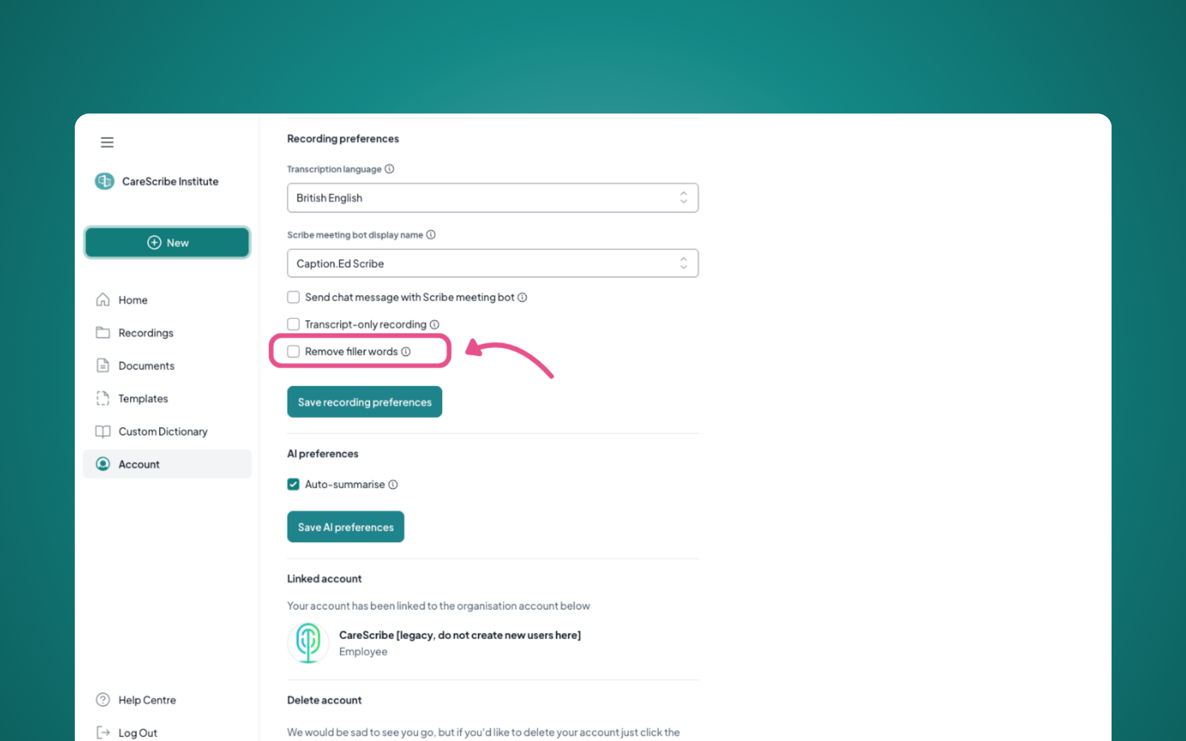 How can I remove ums, ahs and other filler words from my transcript?