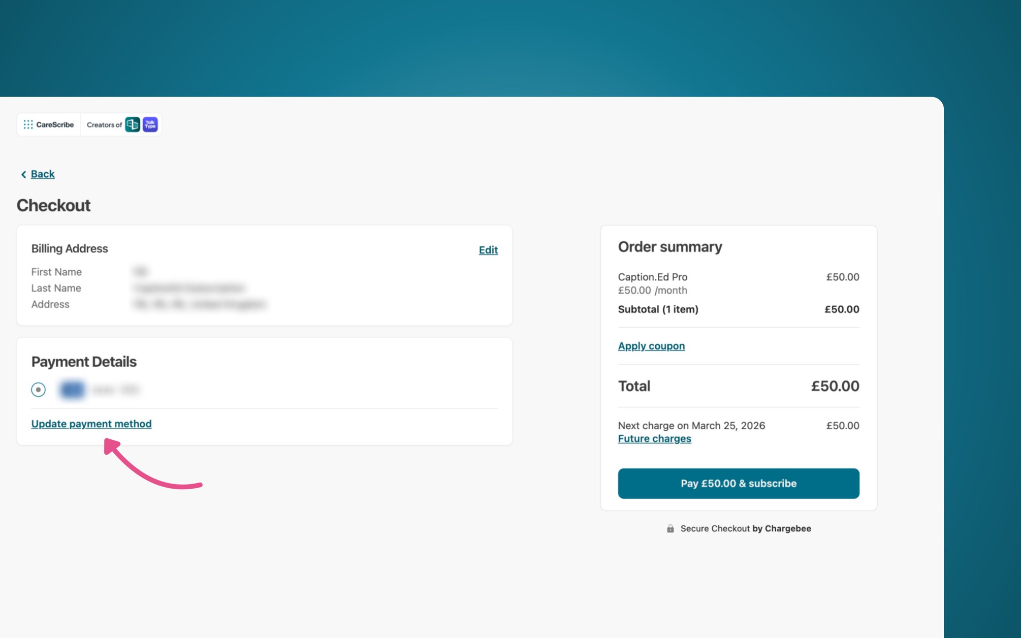 How do I update my subscription payment details?